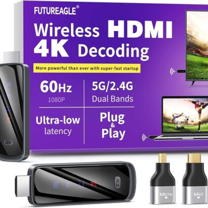 2026 Upgraded Futureagle Wireless HDMI Transmitter and Receiver 328FT/100M, Plug & Play Portable 5G+2.4G Remote Control Extenders for Video and Audio to Monitor from PC/Projector